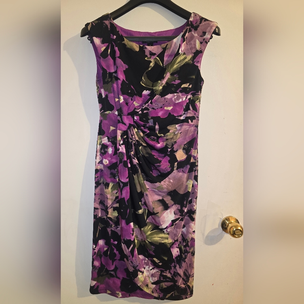 Connected Apparel Purple and Black Floral Midi Dress